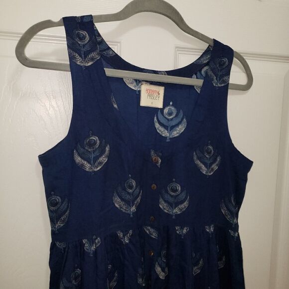 BOMBAY & PAISLEY NAVY BOHEMIAN MIDI COTTON DRESS SIZE SMALL NWOT - Picture 2 of 5